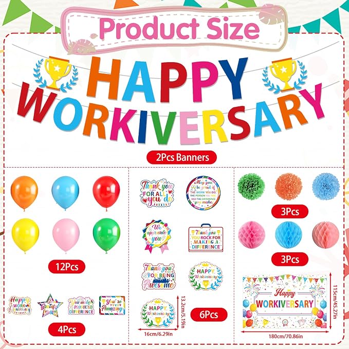 Happy Work Anniversary Decorations, 31PCS Colorful Workiversary Party Decoration Set for Employee Office, Pre-Strung Banner Backdrop Hanging Swirl Honeycomb Centerpiece Balloons Paper Poms