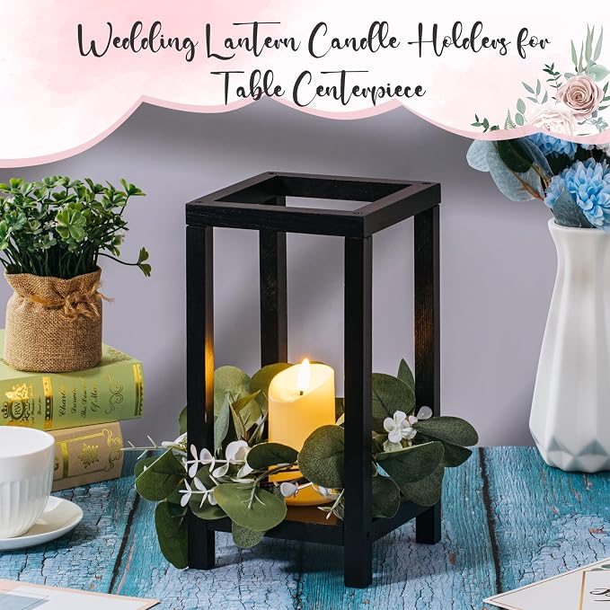 Geelin 10 Pcs Wooden Wedding Lantern Centerpiece Candle Lantern Table Wooden Candle Holder Decorative for Wedding Party Table Valentine Decor(10.59 in,Black)