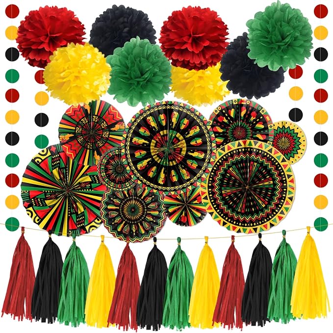 Rakuto Black History Month Party Decorations,30PCS Juneteenth African American Themed Paper Fans and Paper Poms Decoration,Happy June African Themed Tassel Garland Party Decor