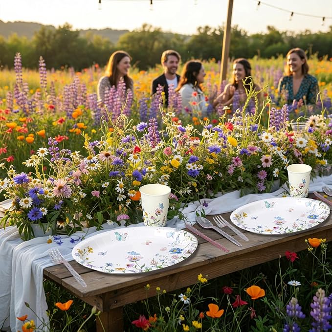 Pajean 350 Pcs Wildflower Oval Paper Plates Set with 12 inch Disposable Spring Birthday Oval Plates and Napkins Flower Heavy Duty Dinnerware Set for 50 Guests Picnic Wedding Tea Party Supplies