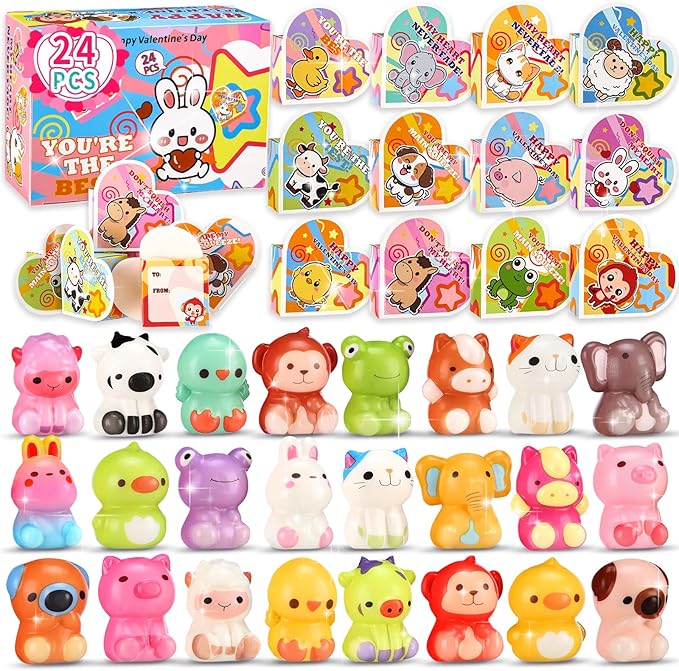 Valentines Day Gifts for Kids, 24PCS Animal Squishies with to from Valentine Cards Box, School Classroom Exchange Party Favors