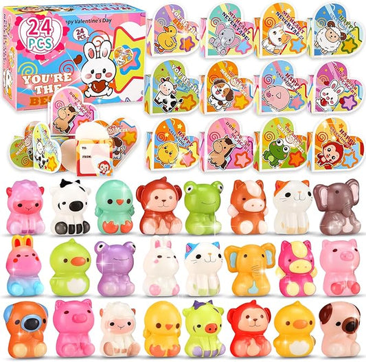 Valentines Day Gifts for Kids, 24PCS Animal Squishies with to from Valentine Cards Box, School Classroom Exchange Party Favors