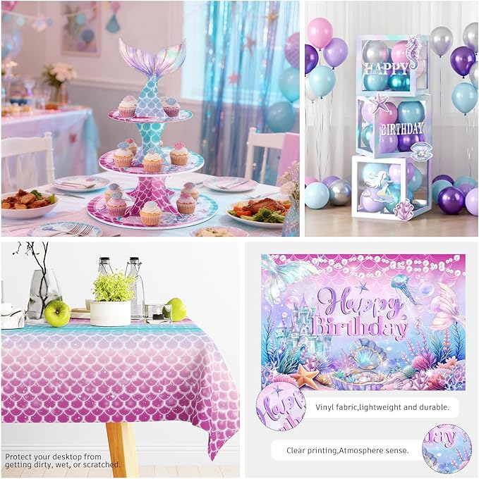 295Pcs Mermaid Birthday Decorations Serve 25, Mermaid Party Decorations Include Balloon Garland Arch, Plates, Tablecloth, Cake Topper, Cupcake Stand, Cupcake Toppers, for Under The Sea Party