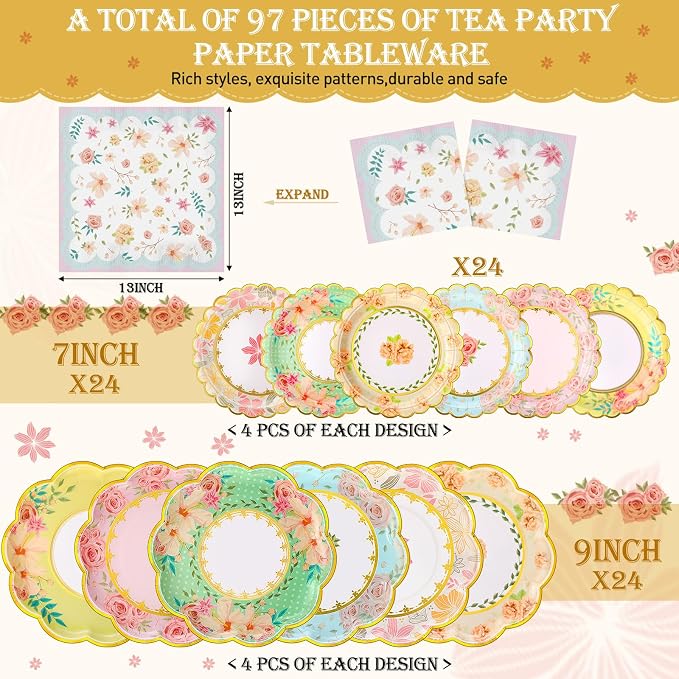 Yungyan 97 Pcs 24 Guests Tea Birthday Party Supplies Disposable Tableware Set 9 oz Paper Tea Cups with Handle 7" 9" Paper Plates Napkin Tablecloth for Floral Party Wedding Baby Shower (Classic Style)