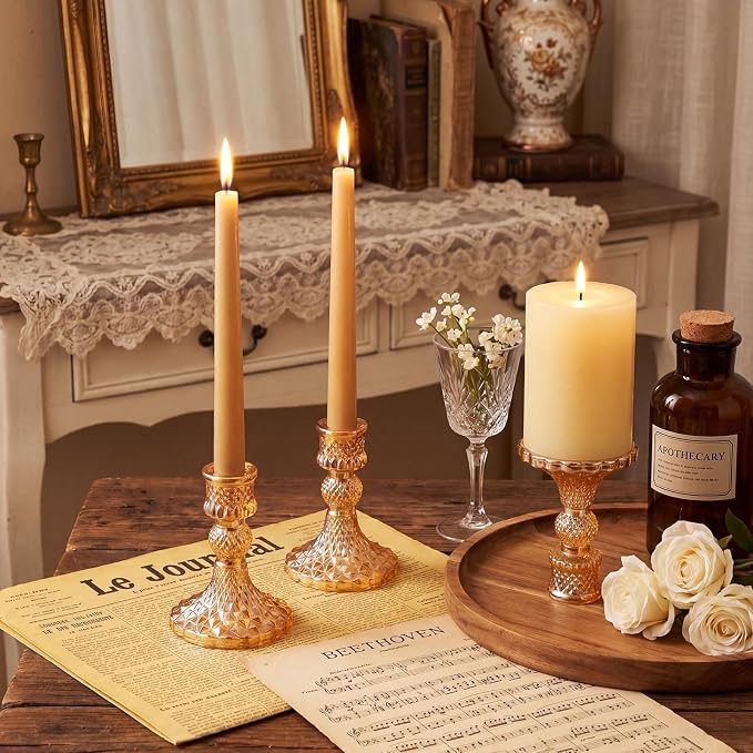 Sieral 24 Pcs Gold Taper Candle Holders 4'' Tall Candlestick Glass Holders Bulk Crystal Decorative Stand Wedding Stick Holder for Anniversary Party Dining Table Festival Decor
