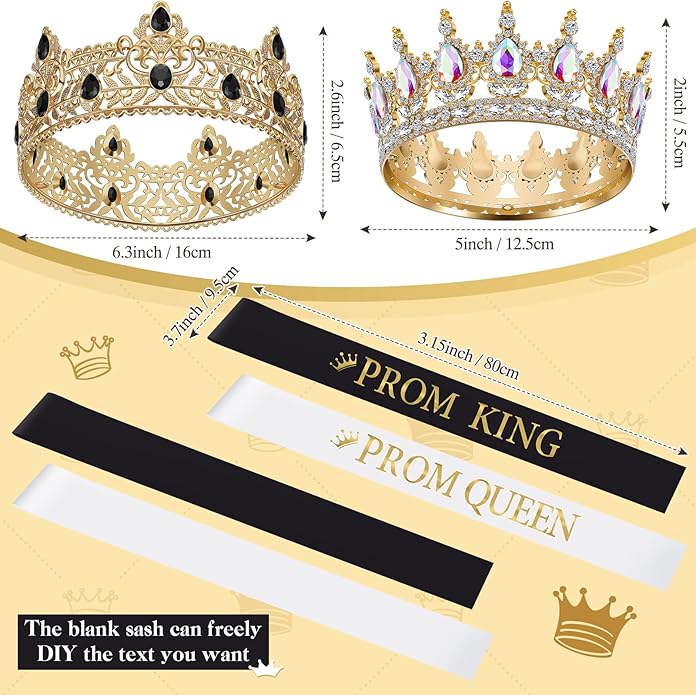 6 Pieces Prom King and Queen Crowns Sashes Set, Crystal Tiara for 2026 Homecoming Graduation Party Birthday Wedding
