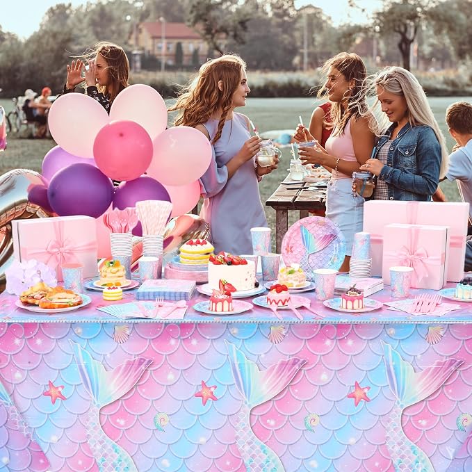 Funnymoom 452 Pcs Mermaid Party Decorations Include Sea Mermaid Paper Plates Napkins Cups Tablecloth Cutlery Straws Ocean Tableware for Baby Shower Birthday Party Supplies