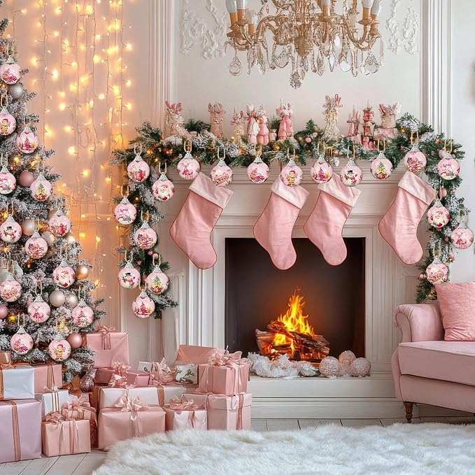 Outus 24 Pcs Christmas Tree Ornaments Ball Vintage Pink Christmas Decorations for Tree Vintage Style Santa Claus Snowman Hanging Ornaments Farmhouse Home Fireplace Decoration Holiday Party Favors