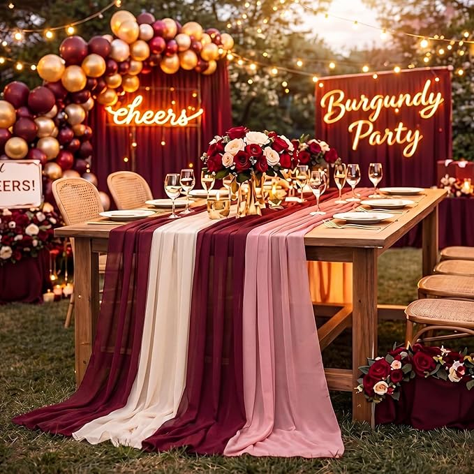 Boao 6 Pcs Burgundy Party Decorations Table Runner Cloth 10Ft Boho Sheer Rustic Fabric for Wedding Birthday Party Baby Bridal Shower Graduation Dawn Sunset Decor