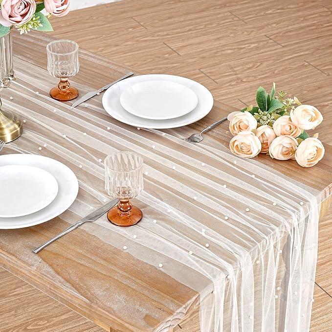 Pearl Beige Gauze Table Runner: 120 Inch 10FT Seasonal Sheer Dining Holiday Wedding Birthday Baby Shower Table Decor for Home Party