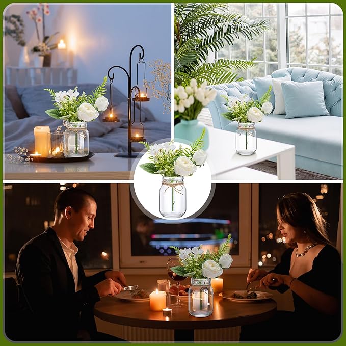 XunYee 10 Set Mason Jar Table Centerpiece with Flower Mason Jar Flower Centerpiece Vases Decor for Engagement Party Bridal Shower Wedding Reception Table Decor(White,Rose)