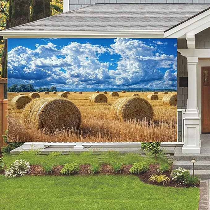 8 x 6 ft Autumn Harvest Field Backdrop Fall Farm Blue Sky White Clouds Field Haystack Country Photography Background Western Newborn Children Birthday Background Banner Photo Studio Props