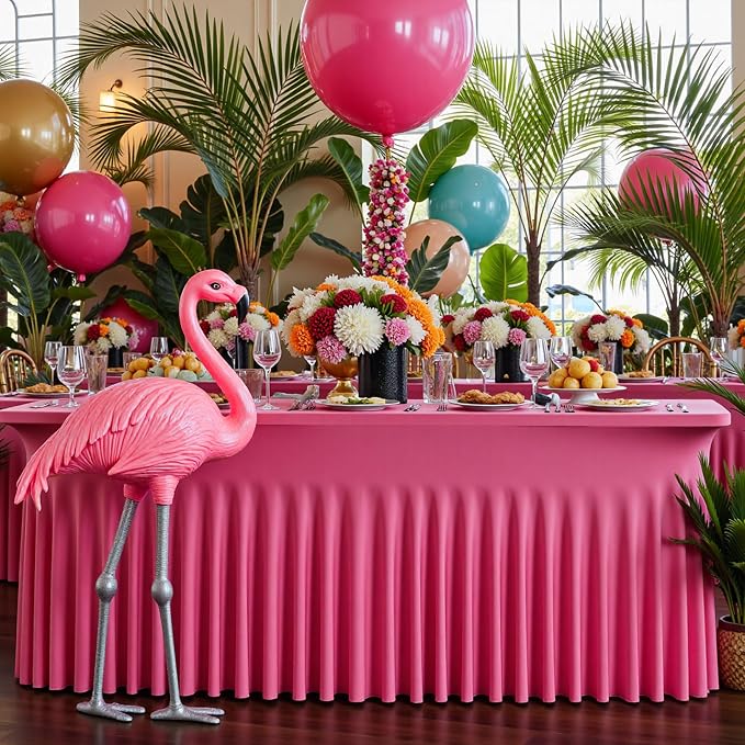 NSSONBEN 6 pk Hot Pink Spandex Tablecloth for 6 Foot Rectangle Tables, Wrinkle Free Fitted Spandex Table Covers 6ft Stretch Table Cloths with Ruffle Skirt for Parties Weddings Banquet Baby Shower