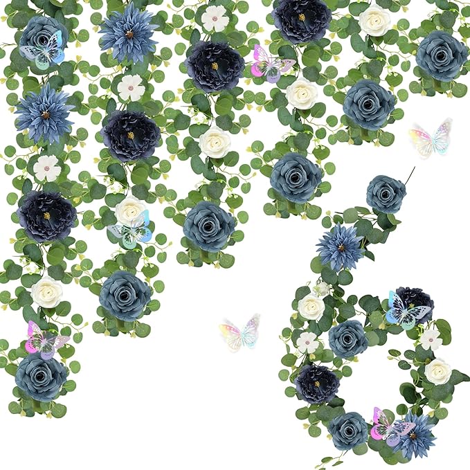 Eucalyptus Garland with Flowers - 6 Pack 5.9 FT Fake Flower Garland with Butterflies Faux Rose Greenery Garlands for Wedding Table Backdrop Arch Centerpieces Decorations - Navy Blue