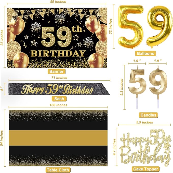 59th Birthday Decorations Men Women with 59th Birthday Banner, Black and Gold Table Cloth, Number Balloons, Large Sash, Cake Topper and Candles