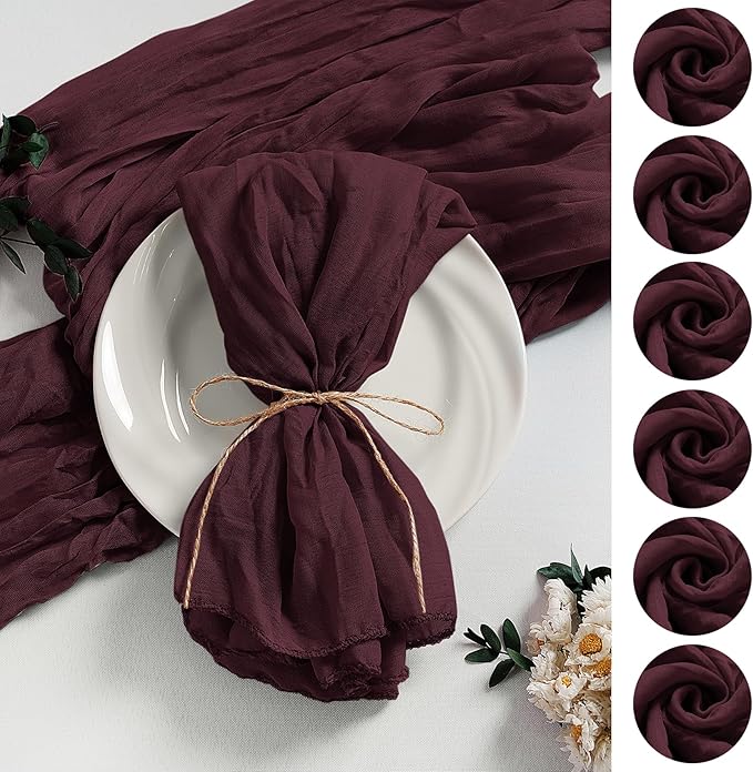 LZY 60 Pack Gauze Cheesecloth Napkins 20x20 Inch Dinner Cloth Napkins, Soft Boho Table Napkins Rustic Wrinkled Cheese Cloth Napkins Bulk for Wedding Party Baby Shower Event Decor (Burgundy)