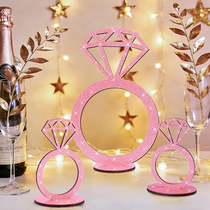 3 PCS Bridal Shower Centerpieces for Tables Diamond Ring Sign Table Centerpieces Pink Glitter Wooden Diamond Ring Sign Decor for Wedding Anniversary Supplies Batcholette Engagement Party