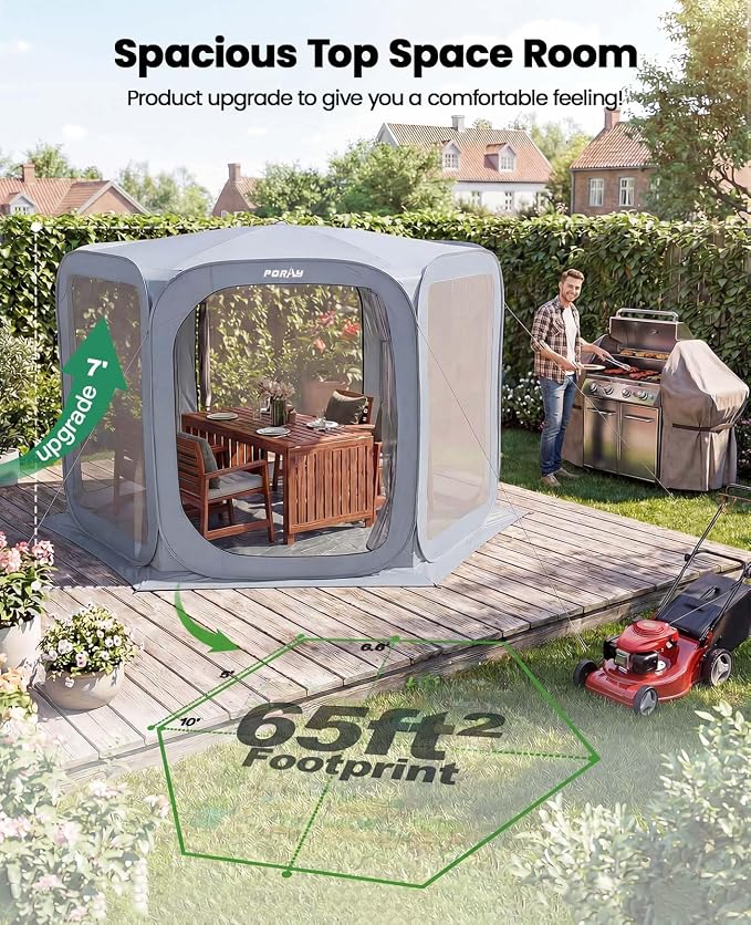 Porayhut Pop up Screen House Tent Sun Shelter with Breathable Mesh Doors,Portable Camping Tent with Detachable Waterproof Floor,10x10FT Screen Canopy Outdoor for Family Friends Party in Backyard,Park