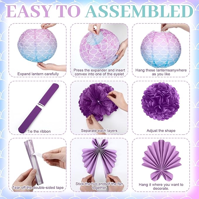 Soulchen 18 Pcs Mermaid Party Decor Purple and Green Paper Lanterns Set Ceiling Hanging Decorations Tissue Pom Poms Fans Decor for Mermaid Under the Sea Ocean Birthday Party Classroom Supplies