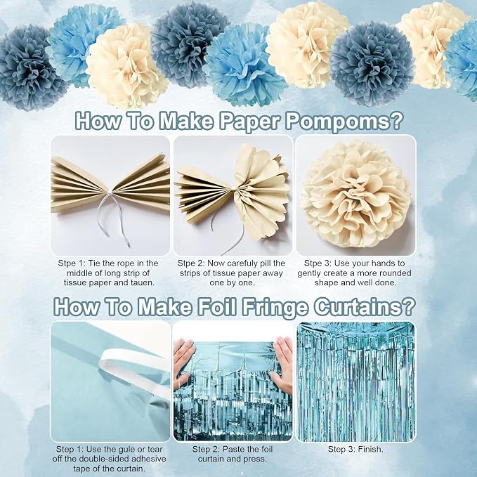 Blue Birthday Decorations, Retro Dusty Blue Sand White Gold Party Balloon Kit with Happy Birthday Banner Fringe Curtain Background Pom Poms Cake Topper for Baby Boys Girl Women Men Bday Decor Supplies