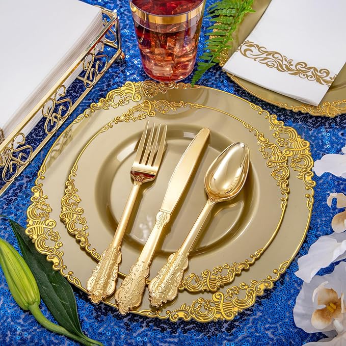 Morejoy 175PCS Solid Gold Plastic Plates with Gold Rim, Disposable Dinnerware Sets Include 25 Dinner Plates,25 Dessert Plates,25 Cutlery Sets,25Cups,25 Napkins Perfect for Party & Wedding