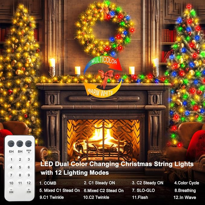66Ft 200LED Battery Christmas Lights Color Changing String Lights for Home | Green Wire,Remote, Timer, 12 Lighting Modes,Waterproof,Fairy Lights for Bedroom Wreath Wedding Christmas Decor