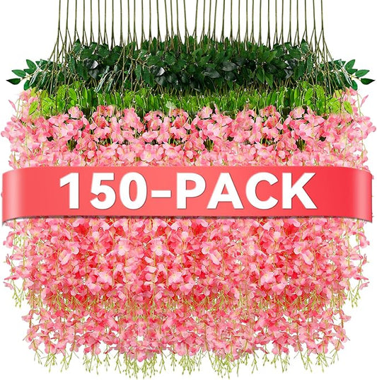 Alotiki 150 Pack Wisteria Hanging Flowers,Fake Hanging Flowers,Wisteria Artificiales Garland for Home Wedding Arch Floral Party Garden Ceremony Outdoor Decor,3.6 Feet Long(150,Pink)
