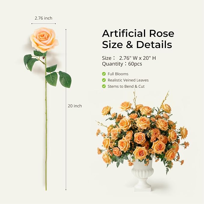 Auihiay 60PCS Artificial Roses, Champagne Roses, Velvet Silk Roses, Realistic Artificial Flowers for Wedding Centerpiece Decor, Bridal Bouquets, Father's Day Decor, Birthday & Valentine's Day Gift