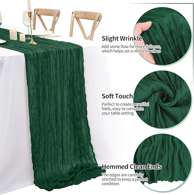 8 Pack 10Ft Cheesecloth Table Runner Dark Green, 20 x 120 Inch Rustic Gauze Boho Cheese Cloth Wedding Long Table Runner for Wedding Party Bridal Shower Decoration