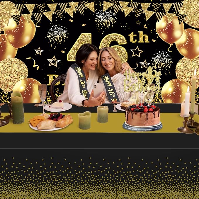 46th Birthday Decorations Men Women with 46th Birthday Banner, Black and Gold Table Cloth, Number Balloons, Large Sash, Cake Topper and Candles