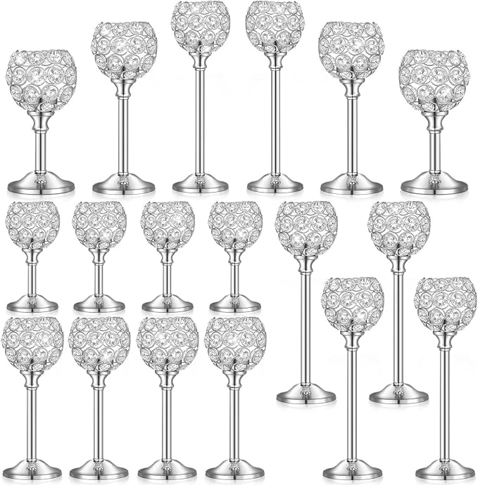 Qunclay 18 Pieces Crystal Candle Holders Bulk Candle Stick Holder Centerpieces for Table Wedding Centerpieces Crystal Decorative Tealight Dining Table Decor for Party(Silver)
