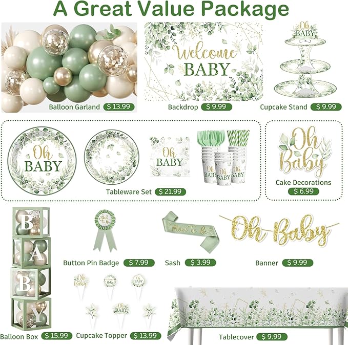 286 Pcs Sage Green Baby Shower Decorations Set-Serves 25 Guests -All-in-One Gender Neutral Party Supplies Kit Includes Balloon Arch, Backdrop, Tableware Set, and Sash