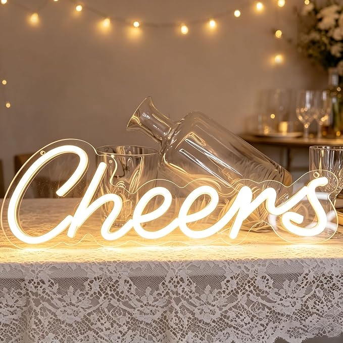 LED Cheers Neon Sign for Home Bar, USB Powered Warm White Bar Light with Dimmable Control, Wedding Party Wall Decor for Kitchen Restaurant 15.75x5.51