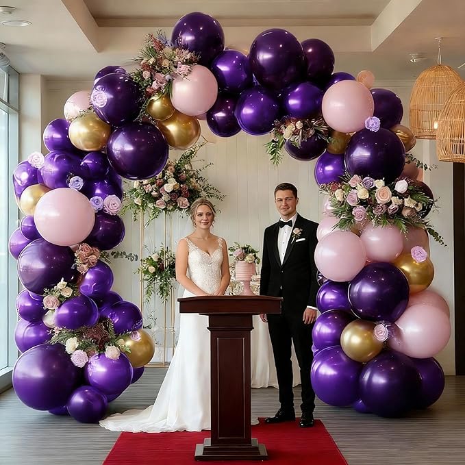 Purple and Gold Balloons Double Stuffed Royal Purple Pink Balloon Garland Kit with Artificial Flowers Balloon Arch for Baby Shower Aniversary Sweet 16, Bridal Shower and Birthday Decoration