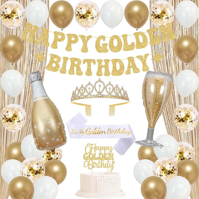 Trgowaul It's My Golden Birthday Decorations for Women Girls, Banner, Sash and Crown, Cake Topper, Latex Balloons Fringe Curtains, Champagne Gold Happy Birthday Party Supplies