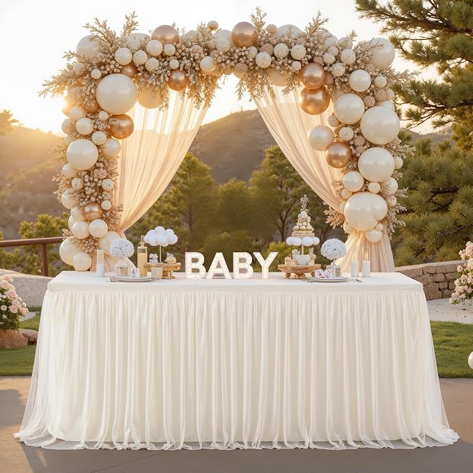 6 Pack 6ft Ivory Tulle Tablecloths for Rectangle Tables 6 Foot Ivory Rectangular Table Cloth Wrinkle Free Tablecover with Tutu Skirt for Wedding Baby Shower Birthday Party Banquet Buffet Cake