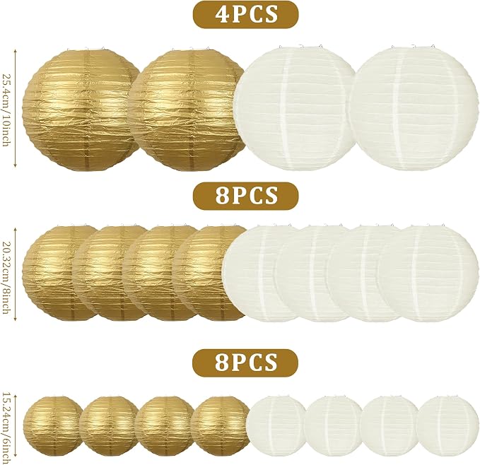 20Pcs Paper Lanterns Decorative, Gold and Ivory Round Hanging Paper Lanterns Decorations for Rustic Party Bridal Shower Wedding Birthday Party Supplies