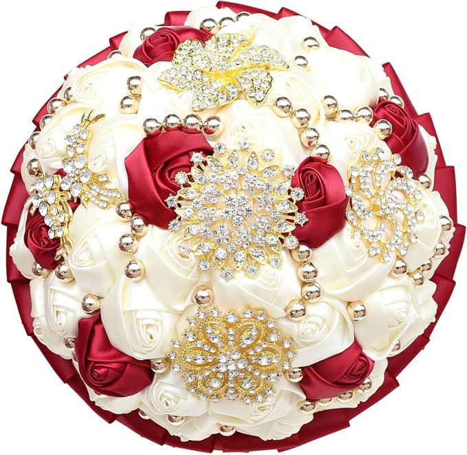 Bridal Wedding Bouquet Luxury Gold Rhinestone Brooch Bouquet for Bride Bridesmaid Quinceanera Artificial Satin Rose Flower Bouquet Wedding Burgundy and Ivory 9.5in