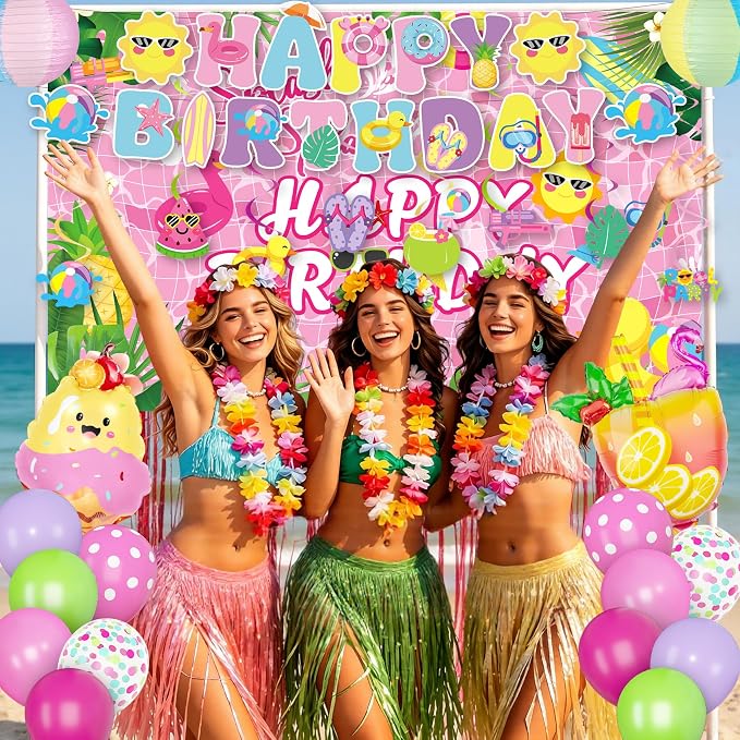 Summer Pool Beach Birthday Party Decorations, Splash Summer Backdrop Banner Hanging Swirls Honeycomb Centerpieces Cake Toppers Foil Balloons for Girls Tropical Swimming Luau Hawaiian Party Decor(Pink)