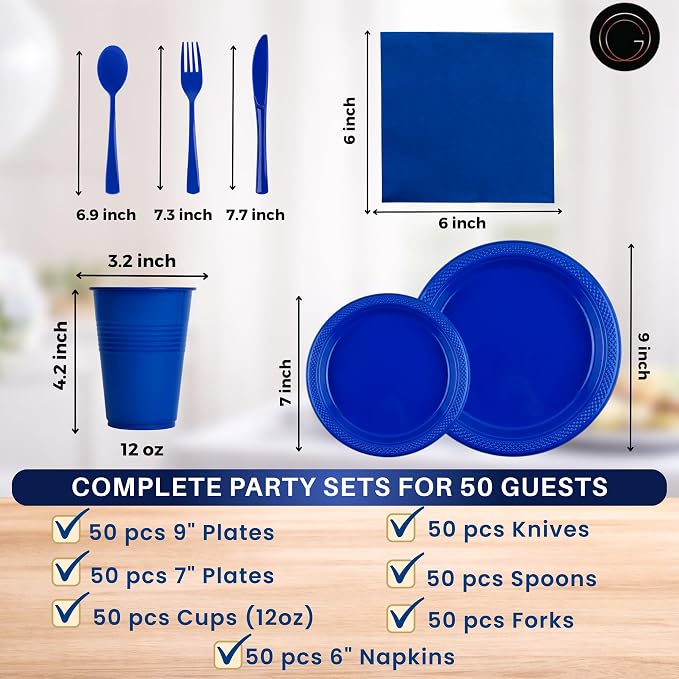 350 Piece BLUE Disposable Dinnerware Set 50 Guests, Plastic Party Plates And Cups And Napkins Sets - 50 Count 9" Dinner Plates, 7" Dessert Plates, 12oz Cups, Paper Napkins, Forks, Knives & Spoons