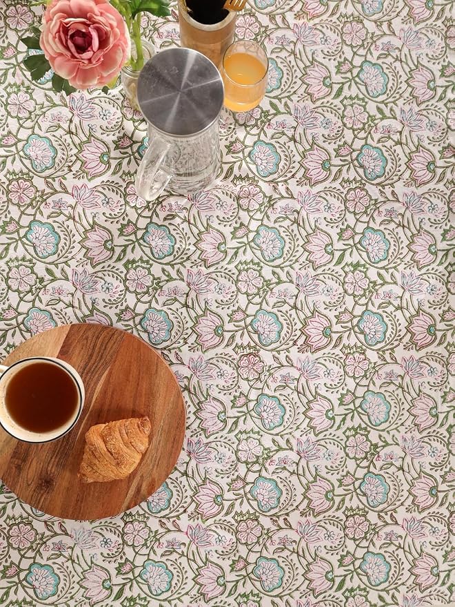 Hand Block Printed Tablecloth, Colorful Floral Print, Indian Artisan Handmade Art, Dining Room, Kitchen, Outdoor Décor, (Rosy Dawn Delight, 12 Seater 72 x 135 Inches Rectangle)