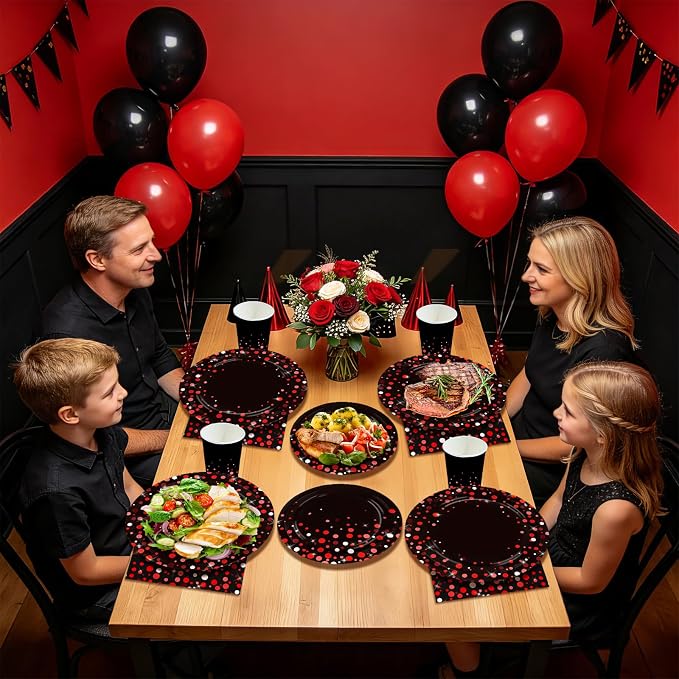 250Pcs Black and Red Party Decorations Graduation Red Dot on Black Plates Napkins Cups Forks Disposable Stranger Tableware Set for Congrats Grad Birthday Baby Shower Party Supplies Serves 50