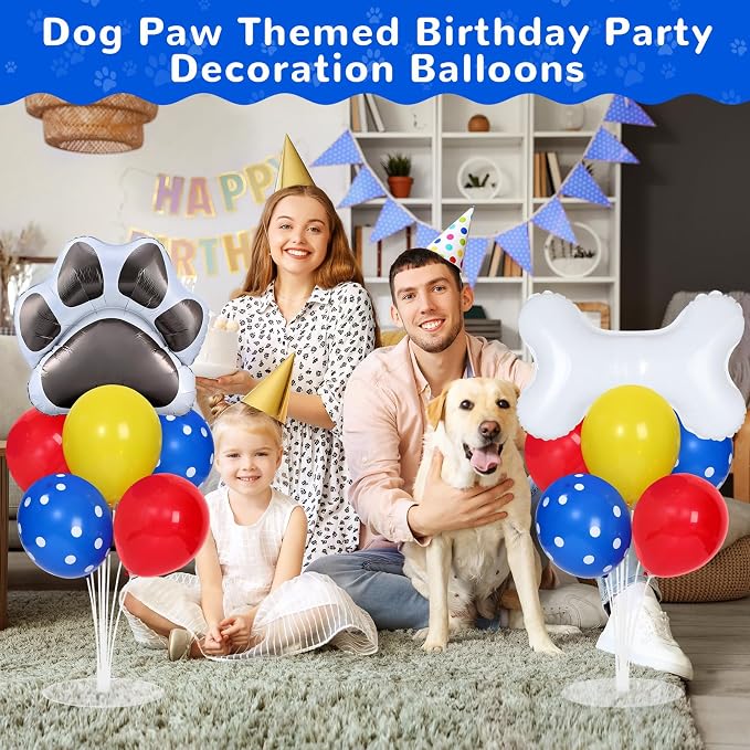 Dog Paw Party Balloons Stand Kit 2 Sets with 2 Dog Paw Print Bone Shaped Foil Balloons Black Red Yellow Party Balloon Centerpiece for Tables for Boy Girl Pet Puppy Birthday Baby Shower Parties Decor