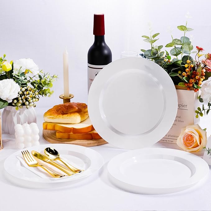 Bestluck 50PCS White Plastic Plates, Disposable Dinnerware for 25 Guests, Include 10.25 inch & 7.5 inch Dinner & Dessert Plates for Party, Wedding and Graduation