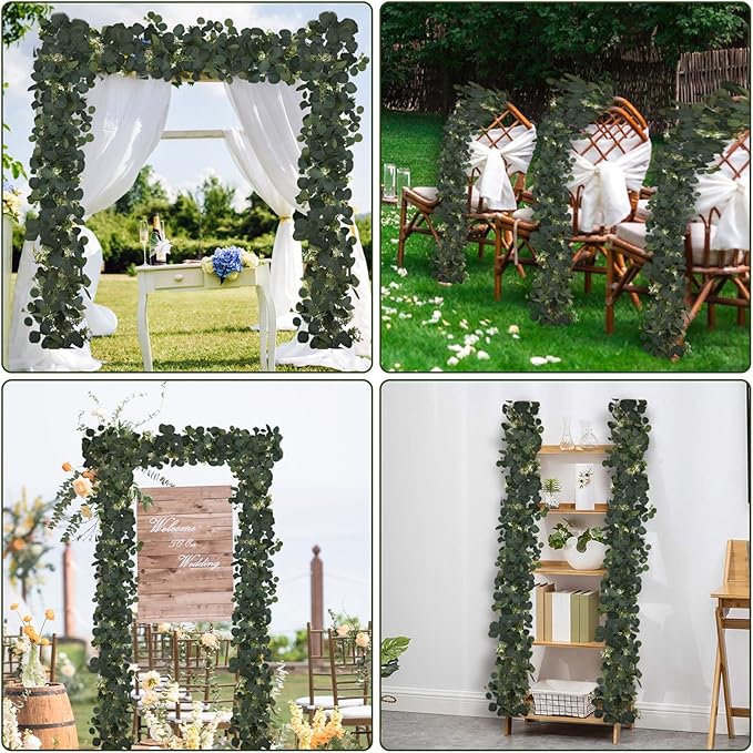 4Pcs 6FT Eucalyptus Garland, Green Garland with Flowers,Artificial Faux Greenery Vines for centerpieces Wedding Party Table Runner Room Home Mantle Decor