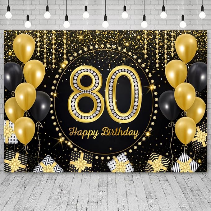 10x6.5ft Happy 80th Birthday Backdrop Black Gold 80 Years Birthday Party Photography Background 80th Anniversary Banner Decorations Men Women Celebration Party Portrait Photo Booth Prop