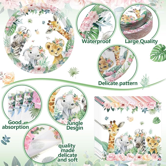 Pickmesh 400 Pcs Safari Birthday Party Supplies Include Pink Green Jungle Animal Disposable Paper Plates Napkins Cups Cutlery for Safari Jungle Wild Birthday Baby Shower Table Decorations Serve 50