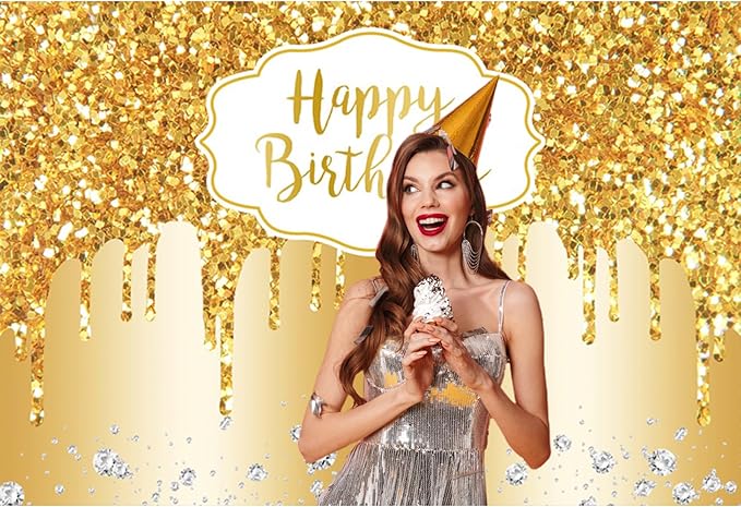 Baocicco 12x10ft Gold Happy Birthday Backdrop Modern Luxury Glitter Diamond Photography Background for Women Girls Sweet Princess Birthday Party Bridal Shower Decor Banner Supplies Photo Booth Props