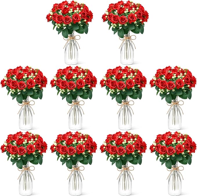 Zeyune 31 Pcs Rose Artificial Flowers with Vase Bulk for Table Centerpiece, 20 Bundles Fake Silk Roses 10 Plastic Clear Vase with 1 Pcs Rope Arrangement Decoration Wedding Home Party (Rose Red)