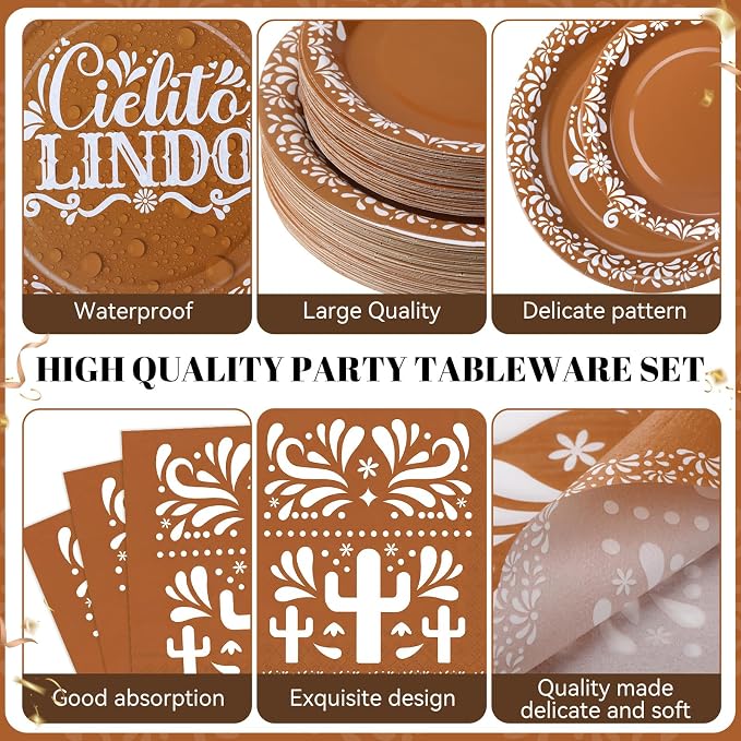 LemonRoad 452 Pcs Cielito Lindo Party Decoration for 50, Terracotta Cielito Lindo Paper Plates Napkins Cup Tablecloth Cutlery Straw Cinco De Mayo Mexican Tableware Set for Fiesta Baby Shower Supply